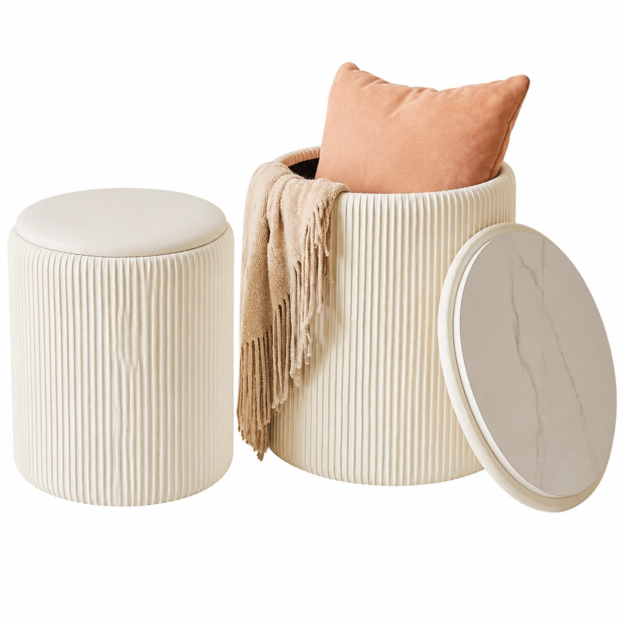 IBUYKE 2er-Set Runde Samt-Hocker mit Stauraum, moderner Schminktischhocker, gepolstert, für Wohnzimmer und Schlafzimmer, weiß