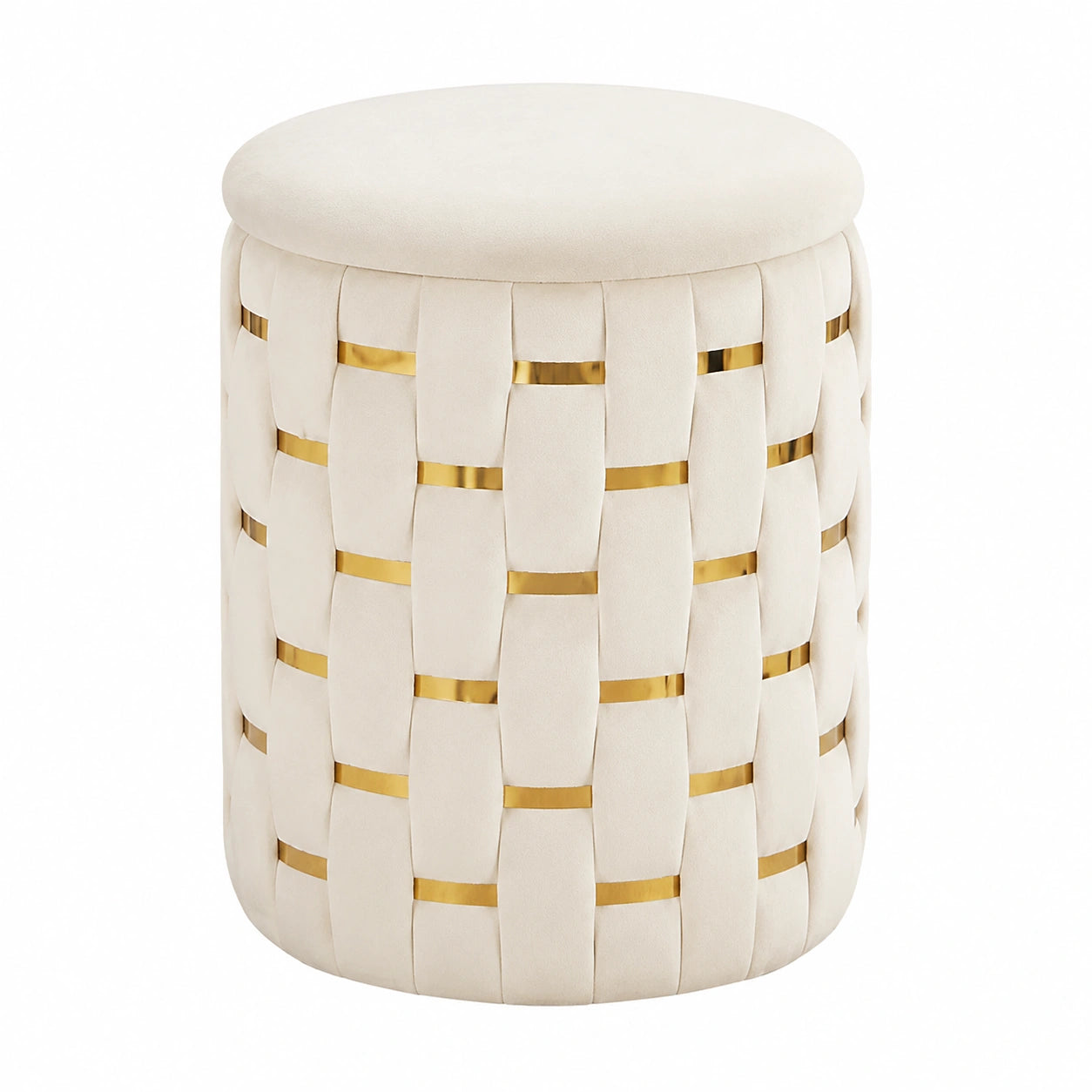 Eleganter runder Hocker mit Stauraum, weicher Schminktischsitz, moderner Pouf für Schlafzimmer und Wohnzimmer, Weiß, 33 x 43 cm