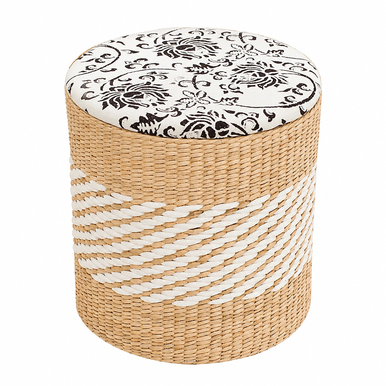 Moderner Runder Fußhocker mit Stauraum, Stoffbezug, Rattan-Design, Weiß, 29x33cm