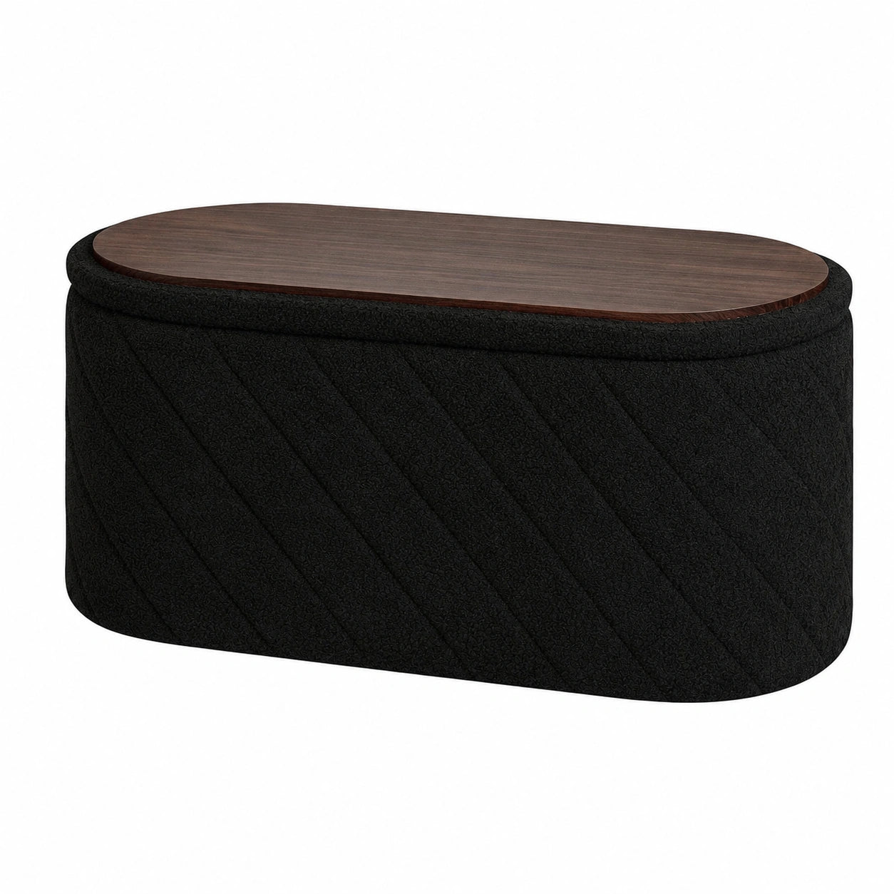 PINPLUS Gepolsterte Sitzbank mit Stauraum, Ovaler Fußhocker, Bouclé-Stoff, Schwarz, 76x38x38 cm, Ideal für Schlaf- und Wohnzimmer