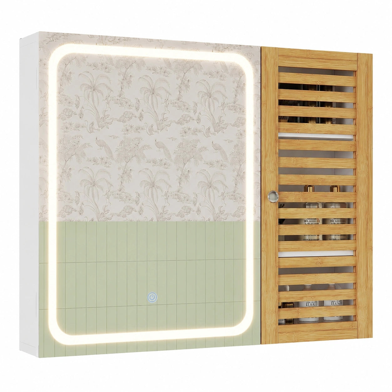 Beleuchteter Badezimmerspiegel-Schrank mit Bambustüren, 6 Fächer, 4 verstellbare Ablagen, 80x60x16cm
