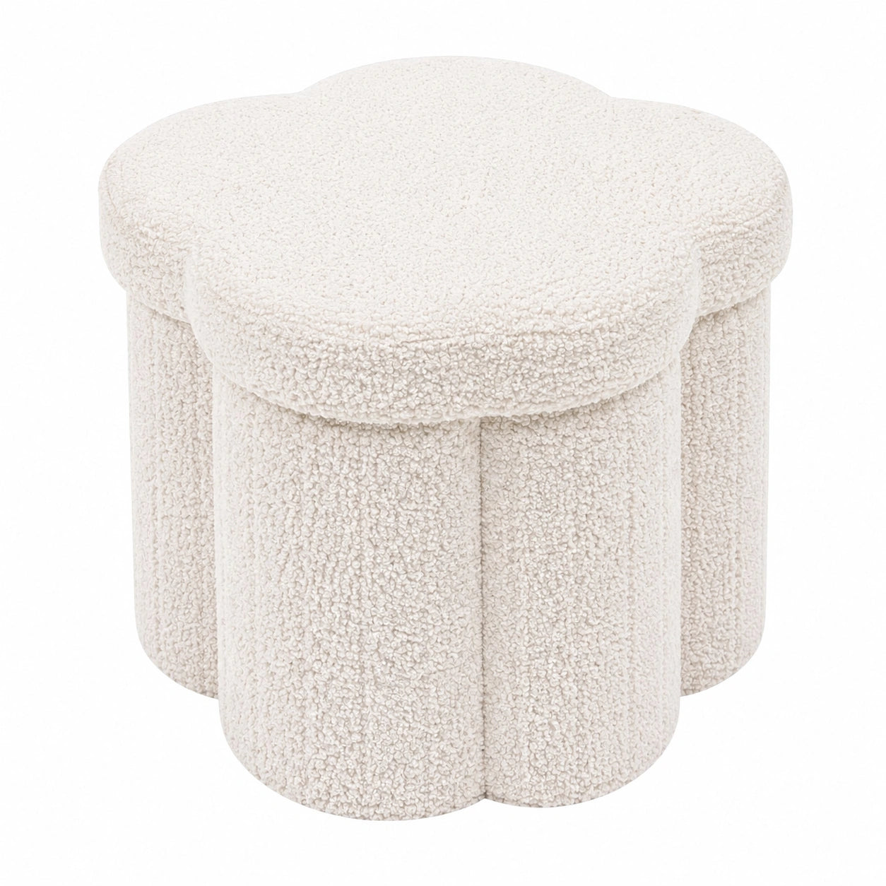 PINPLUS Faltbarer Sitzhocker mit Stauraum, Blumenform aus Bouclé-Stoff, Weiß, 32x32x32cm, ideal für Schminktisch, Schlafzimmer und Wohnzimmer