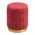Eleganter Runder Samthocker mit Staufach und Goldenem Gestell, Bequeme Polsterung, Schminktischstuhl Rot für Wohn- und Schlafzimmer