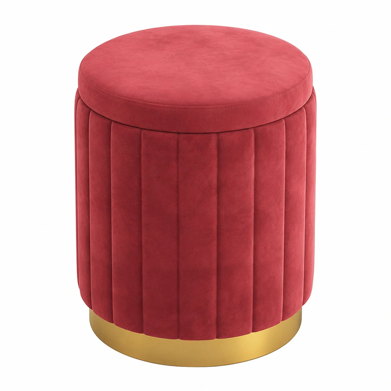 Eleganter Runder Samthocker mit Staufach und Goldenem Gestell, Bequeme Polsterung, Schminktischstuhl Rot für Wohn- und Schlafzimmer