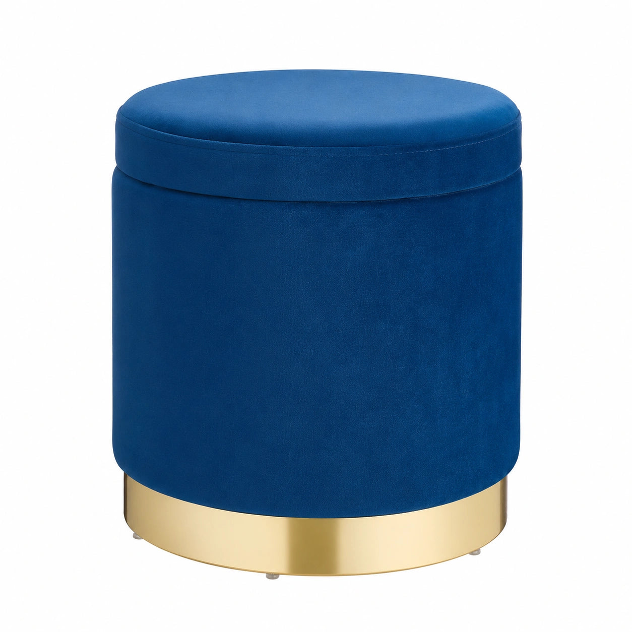 Moderner Samthocker mit Stauraum, rund, elegant, in Blau und Gold, 41,5 x 37 cm